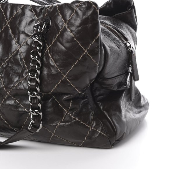 Authentic CHANEL Glazed Goatskin Double Contrast Stitch Large Tote Brown - Picture 13 of 13